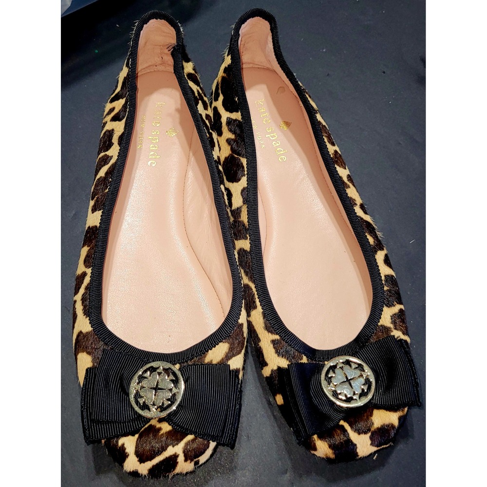 Kate Spade Leopard Calf Hair Ballet Flats Bow Logo Medallion 6.5M